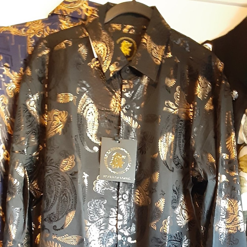 HOUSE OF LORDS BLACK AND GOLD MENS BUTTON SHIRT